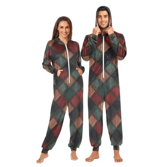 FORMRS Onesies Pajama for Adults Unisex Hoodie Winter Jumpsuit One Piece Sleepwear, Sizes S-2XL, Red Tartan Pattern