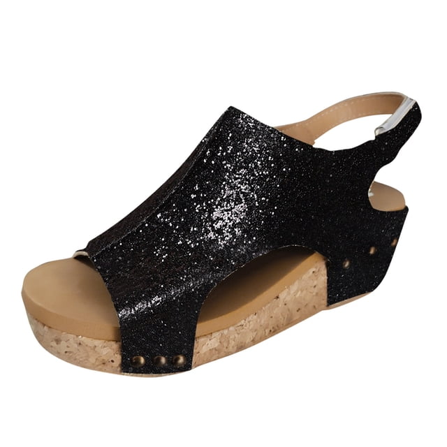 IUJSOY Womens Platform Wedge Sandals Comfortable Open Toe Cork Footbed Dressy Sparkly Summer Shoes