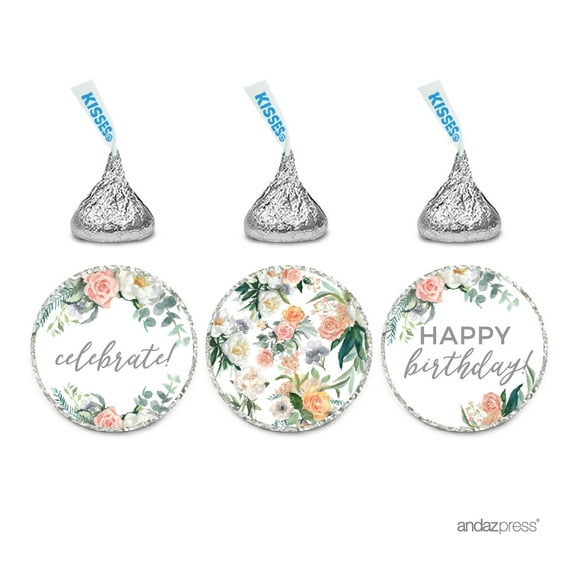 Peach Coral Floral Garden, Happy Birthday!, 216-Pack Chocolate Drop Label Stickers Favors