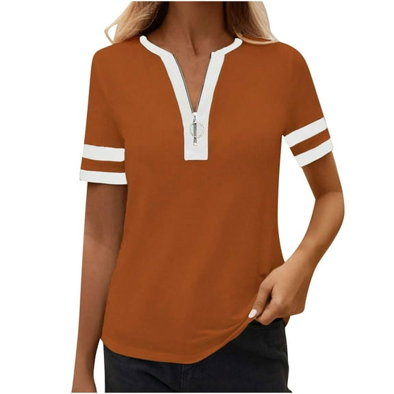 Fesfesfes Women's Summer T-Shirt Leisure Short Sleeve Contrast Stripe Collar Cuffs V-neck Tops Trendy Breathable Daily Wearing Blouses(Orange,L)
