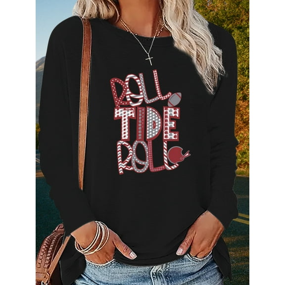 [Graphic Print T-shirt] Long Sleeve Graphic Print Alabama T-shirt | Women's Casual Top for Spring & Fall