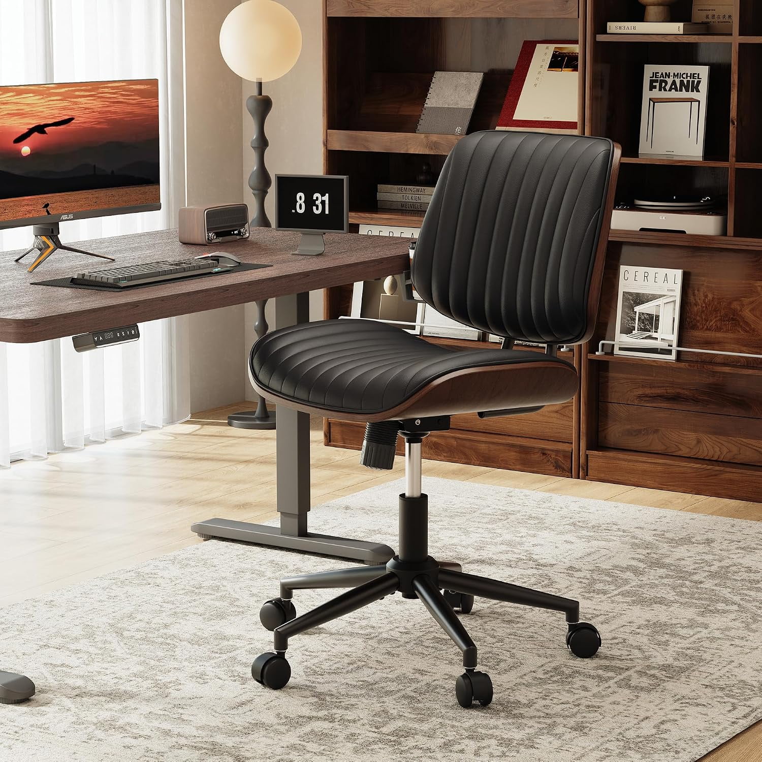 Armless Office Chair Modern PU Leather Home Office Chair with Walnut Bentwood Back Height Adjustable Swivel Computer Chair with Thick Cushioned Seat Rolling Desk Chair for Study&Work Black