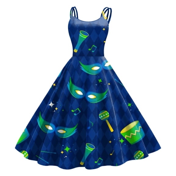 Mardi Gras Outfit Women Sleeveless Knee Length Retro A Line Flared Swing Formal Prom Party Dress Blue XXL