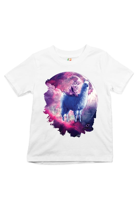 Cat Riding a Llama in Space Youth T-Shirt Weird Galaxy Moon Creative Kids, White, Small