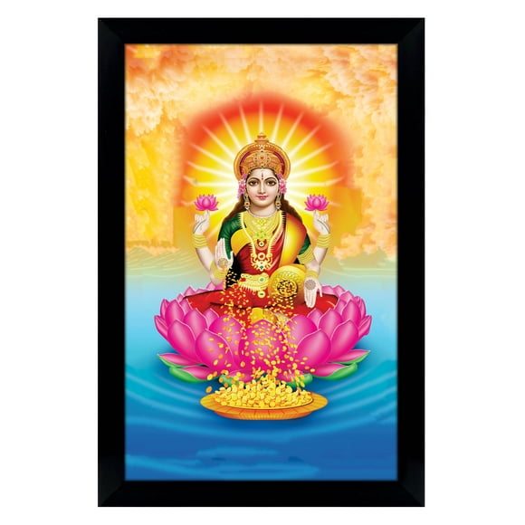 IBA Indianbeautifulart Goddess Lakshmi Picture Frame Religious Poster Black Wall Frame Deity Photo Frame Wall Decor For Home/ Office/ Temple-6 x 8 Inches