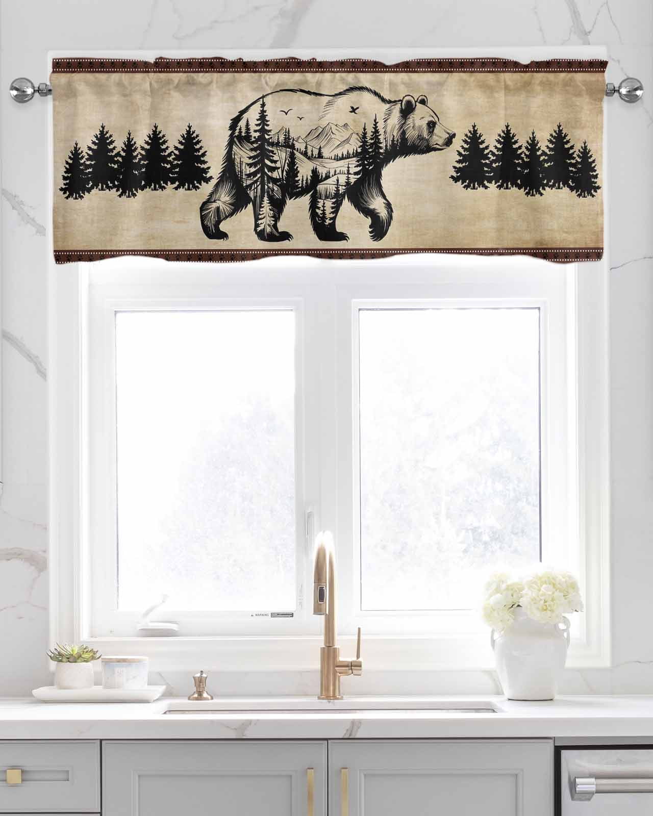 Brown Black Bear Kitchen Valances for Windows Farmhouse Linen Window Valance Curtain for Living Room Window Treatment Farmhouse Cabin Forest Vintage Valance Rod Pocket Topper Drape, 54 x 18 Inch