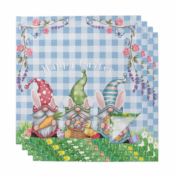 Cloth Napkins Set of 4 - 20x20 Inches, Easter Bunny Gnomes Washable Reusable Table Napkins, Spring Easter Eggs Floral Blue Plaid Soft & Absortbent Dining Napkin for Party Wedding Hotel Restaurant