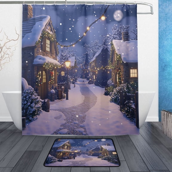 Bath Curtain & Non-Slip Bath Mat Set 12-Grommet Shower Curtain Memory Foam Bath Rug Beautiful Christmas Night Village