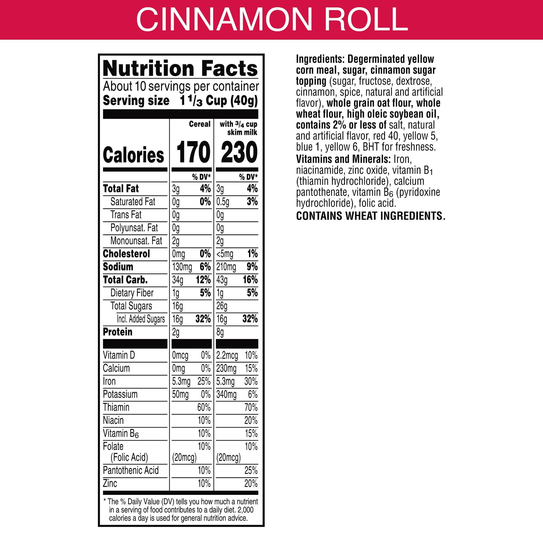 Kellogg's Cinnabon Cold Breakfast Cereal, 7 Vitamins and Minerals, Kids Snacks, Family Size, Original, 13.9oz Box (1 Box)