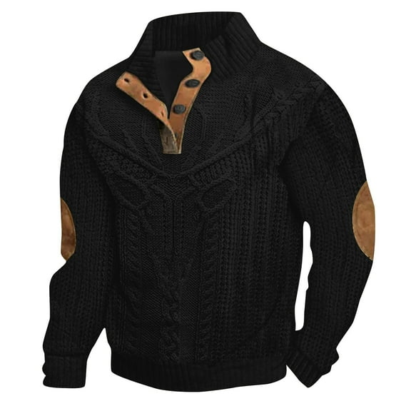 Mens Sweatshirts Retro 1/4 Button Up Twist Textured Knit Pullover Sweaters Fall Winter Elbow Patchwork Loose Fit Tops