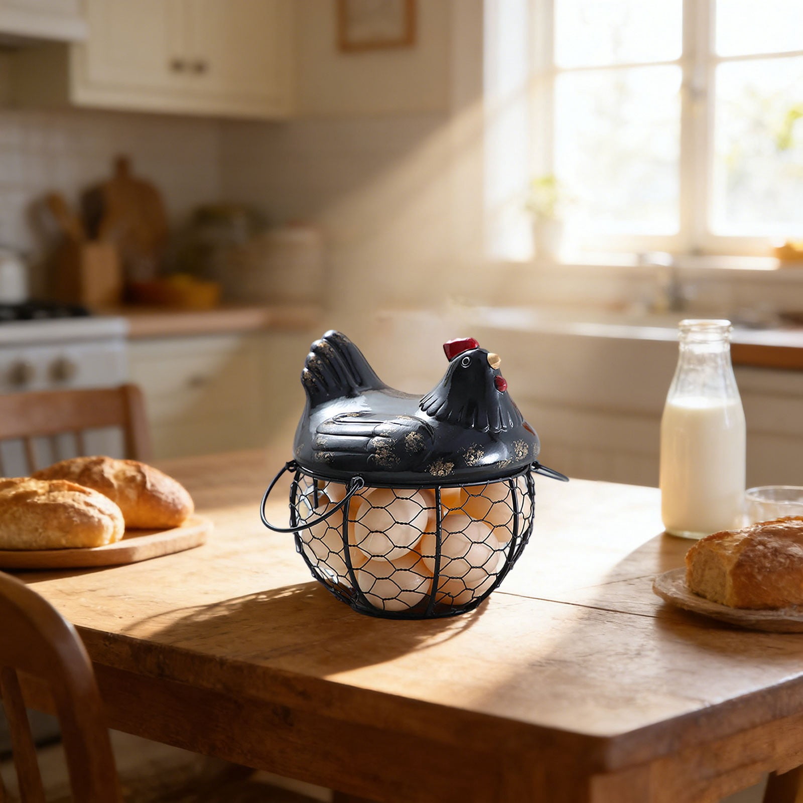 Chicken Egg Basket Black Wire with Ceramic Lid, Egg Holder for Gathering Fresh Eggs, Decorative Farmhouse Egg Storage Container for Kitchen Countertop, Ceramic Egg Storage Basket Organizer