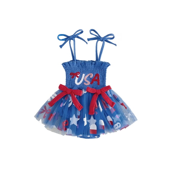 BemeyourBBs Toddler Baby Girls 4th of July Dress Outfit Newborn Patriot Independent Day Clothes Summer Tulle Tutu Dress Sleeveless Tie-up Letter Embroidery Smocked Romper Dress Bodysuit Playsuit