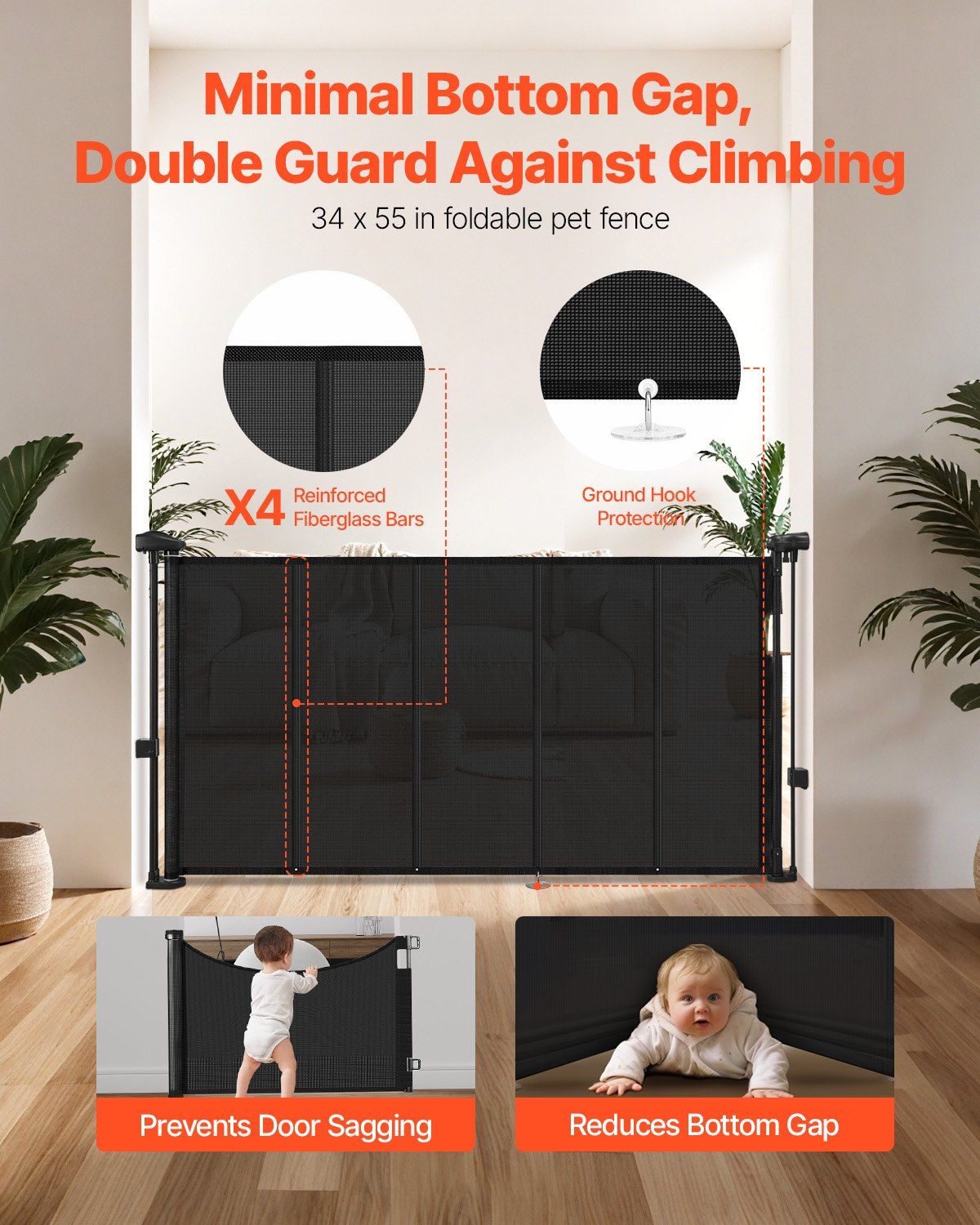 Retractable Baby Gate 34 in Tall, Extends to 55 in Wide, Adjustable Black Mesh Gate for Kids and Pets, Anti-Crawl Bottom Strip, One-Handed Operation, Durable Scratch-Resistant Mesh, Space-Saving