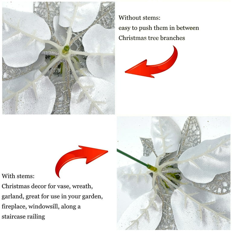 Yhdsn Glitter Artificial Silver Poinsettia Flower Picks 9 inch Heads for Christmas Trees Wreath Garland Floral Winter Wedding Holiday Ornaments with
