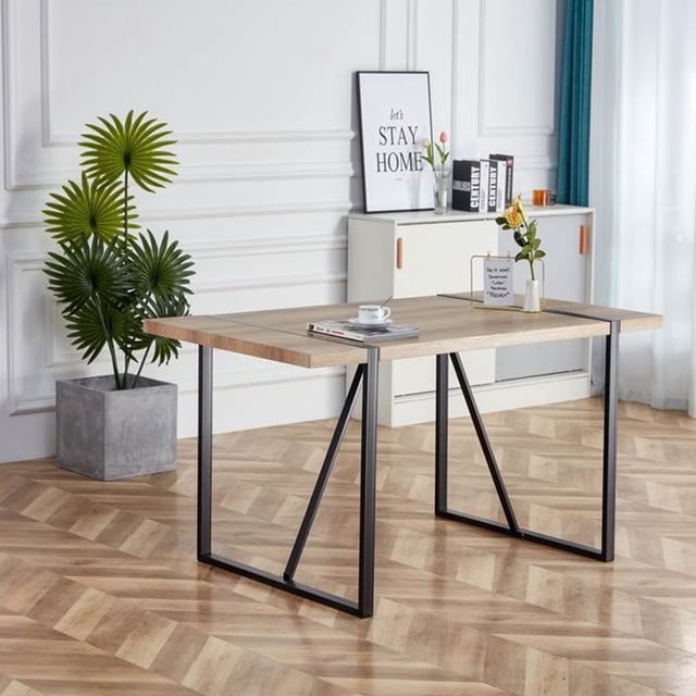 55" Retro Wood Grain Dining Table - Minimalist Black Metal Legs
