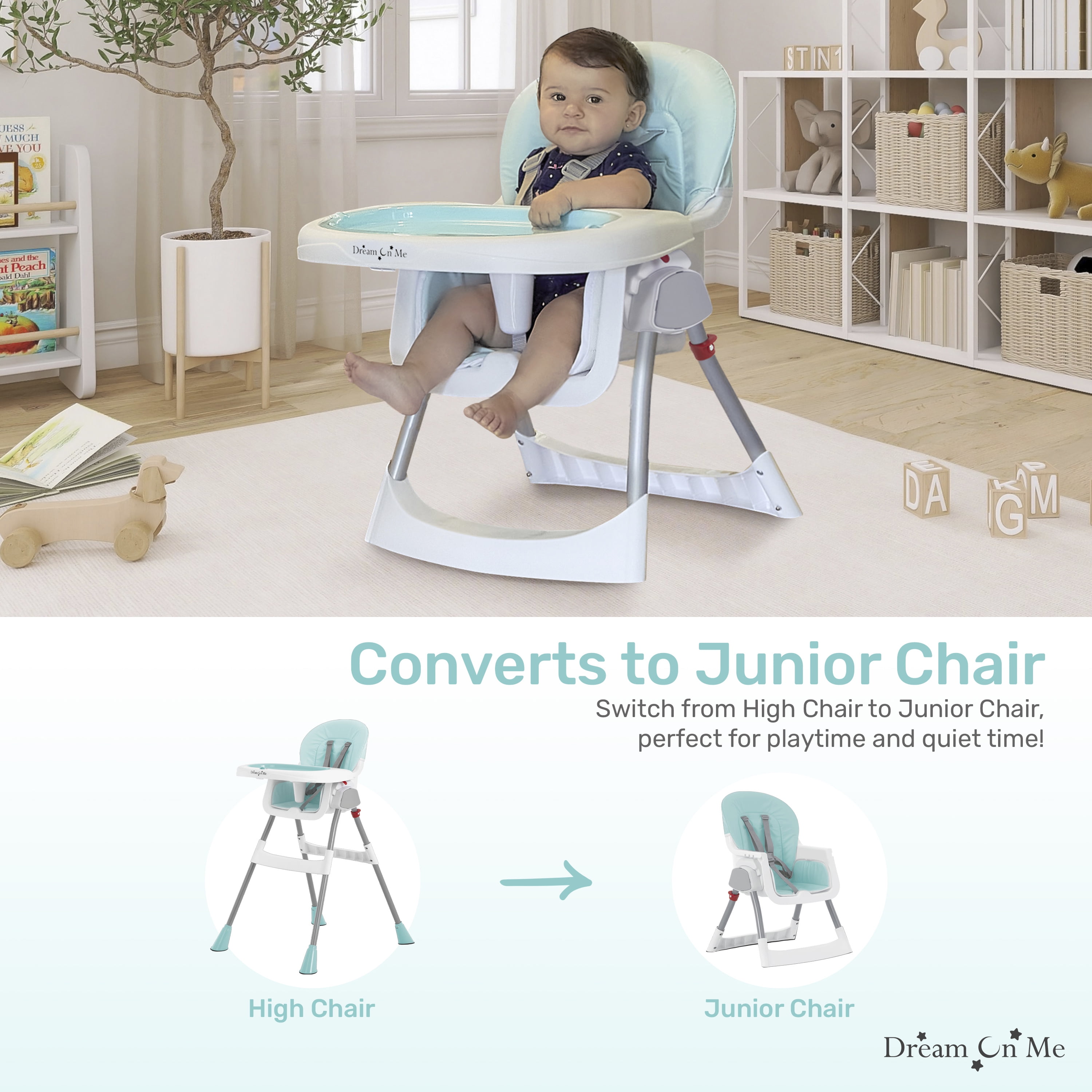 Dream On Me Portable 2-in-1 Table Talk Baby High Chair, Convertible, Compact and Light Weight, Aqua