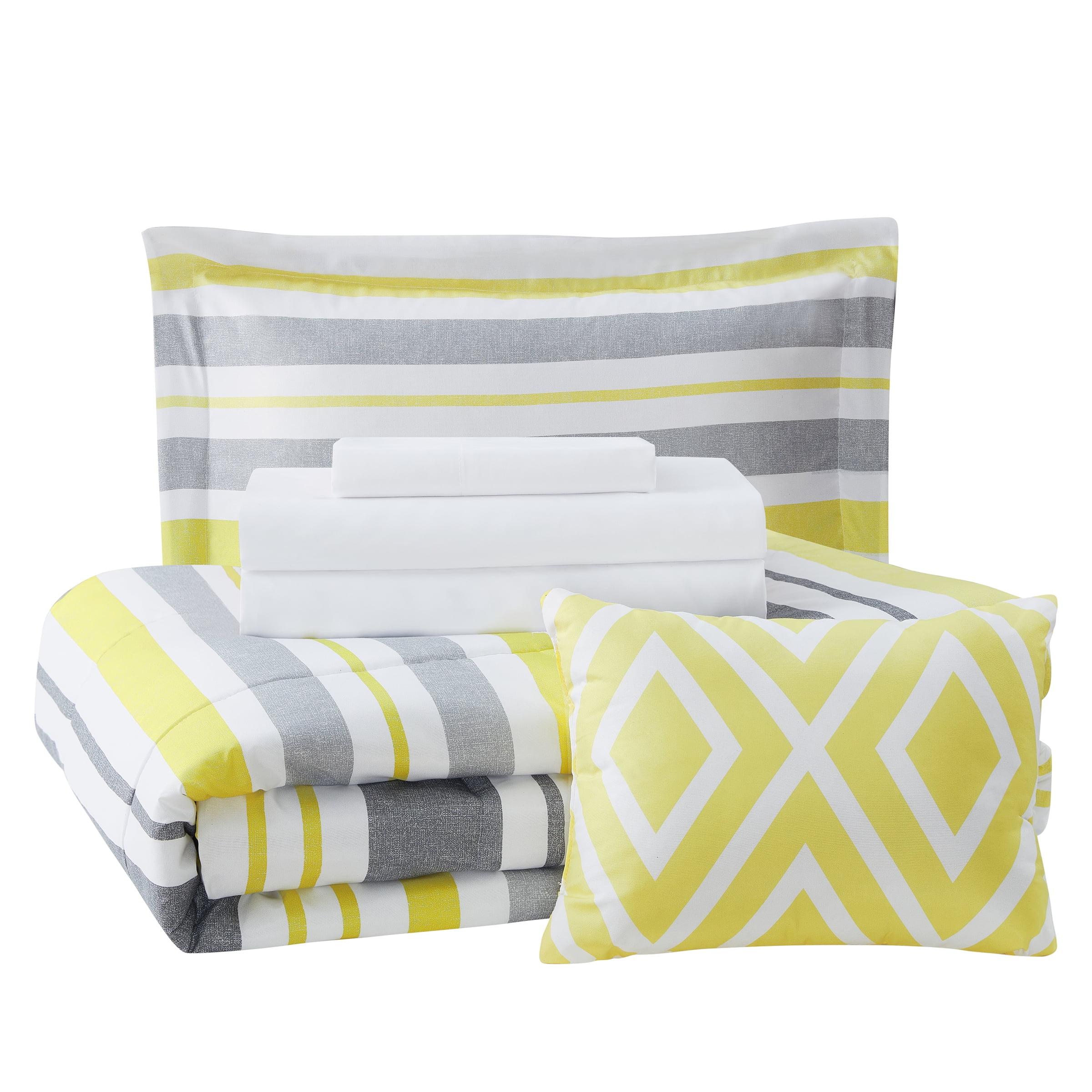 Mainstays Grey and Yellow Stripe 8-Piece Bed-in-a-Bag Comforter Set with Sheets, King
