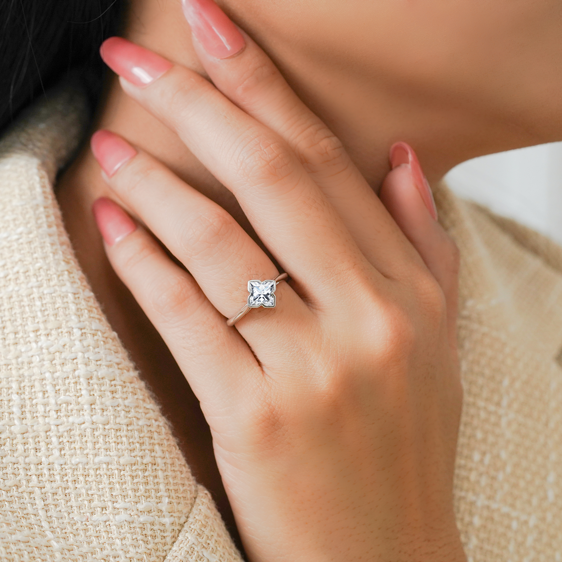 JeenMata 2.7 Carat Flower Inspired Moissanite Engagement Ring - 18K White Gold Plating Promise Ring for Women