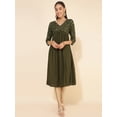 thumbnail image 3 of Janasya Women's Olive Rayon Yoke Foil Printed Gathered Dress, 3 of 7