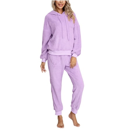 

Womens Fuzzy Sherpa Fleece Pajamas Set Long Sleeve Hoodies Pajama Pants Cozy 2 Piece Outfits Loungewear Sleepwear