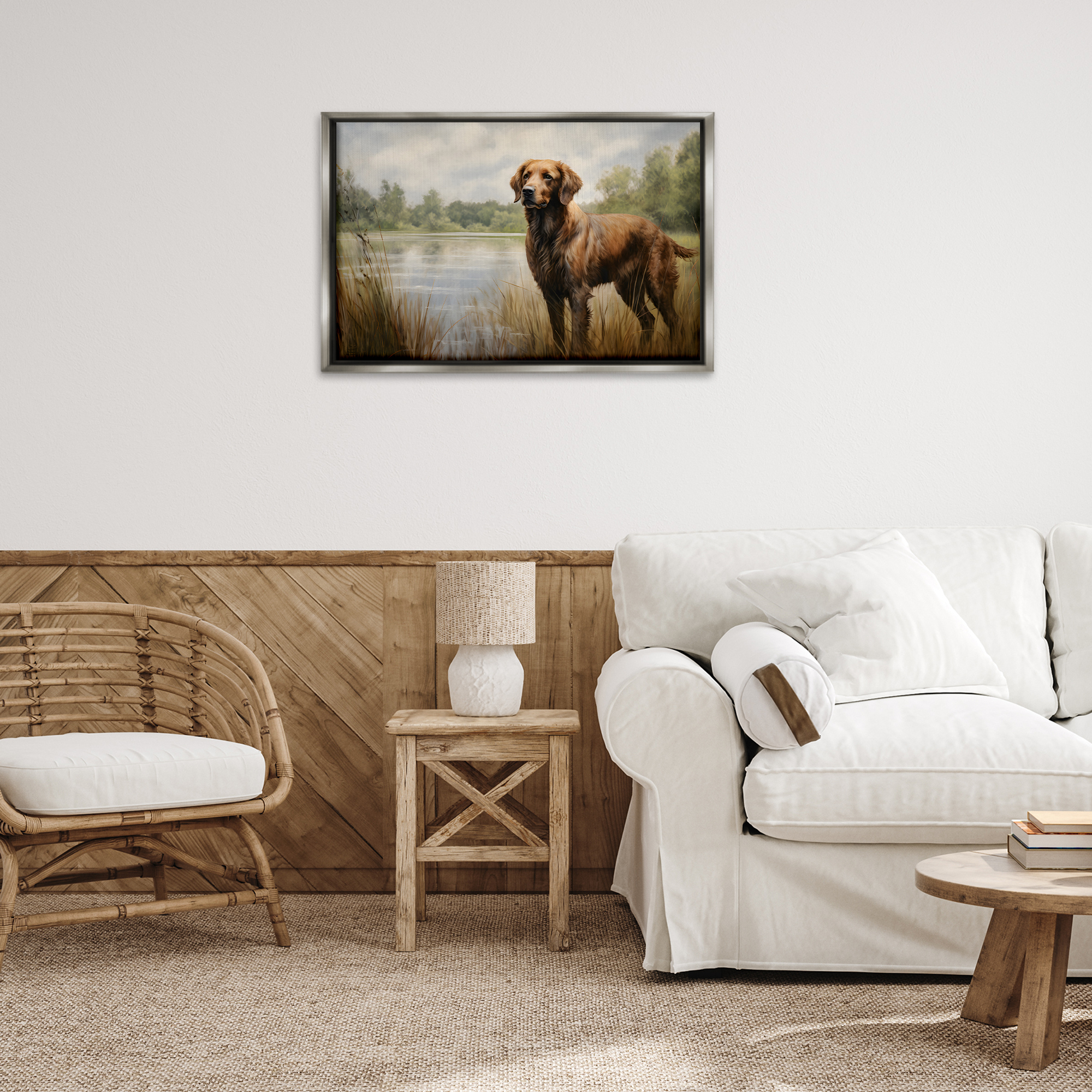 Stupell Industries Retriever Dog & Pond Landscape Painting Gray Floater Framed Canvas Art Print Wall Art, 31 x 21