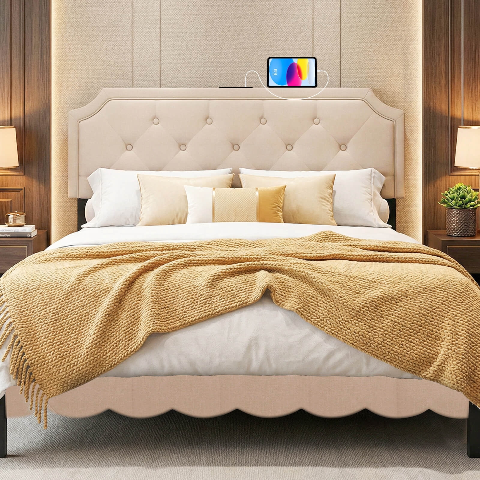 Costway Headboard for Queen & Full Size Bed,Tufted Upholstered Head Board with 2 AC Outlets Beige