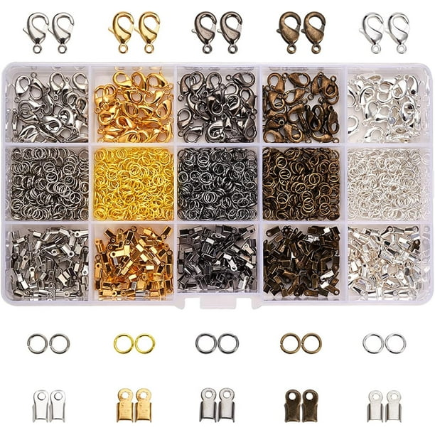 Kit de 1800 piezas para joyería: terminales para cordón, cierres de mosquetón y anillas de 5 mm en 5 colores.