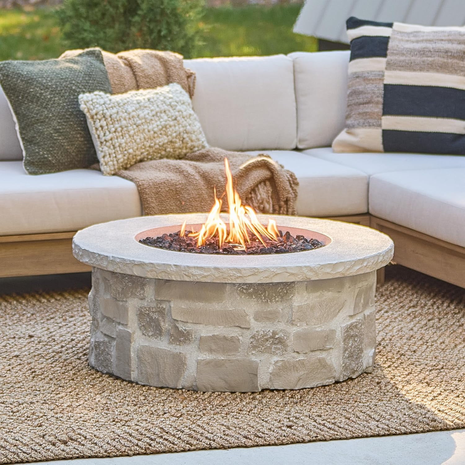 Real Flame Scottsdale 40" Round Stone Propane Fire Pit Table in Beige