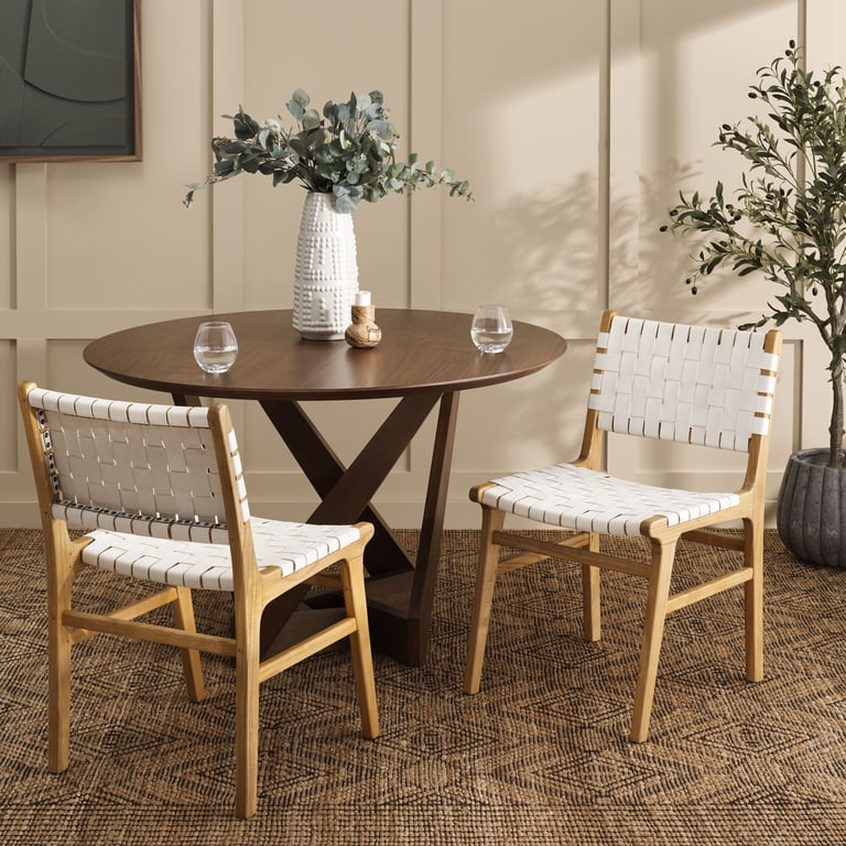 SAFAVIEH Taika Woven Leather Dining Chair, White/Natural, Set of 2