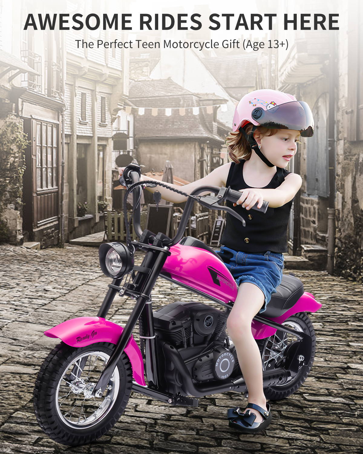 24V Electric Dirt Bike for Kids, 2 Speed Max Up to 14 Mph & 60 Minutes Continuous Electric Motorcycle with Led Lights, Leather Seat, Handbrake for Big Kids Teen, Ideal Christmas Gifts