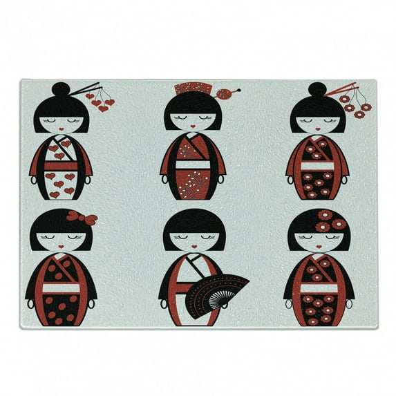 Ethnic Cutting Board, Unique Geisha Dolls in Folkloric Costumes Outfits Hair Sticks Kimono Art Image, Decorative Tempered Glass Cutting and Serving Board, Small Size, Black Red, by Ambesonne