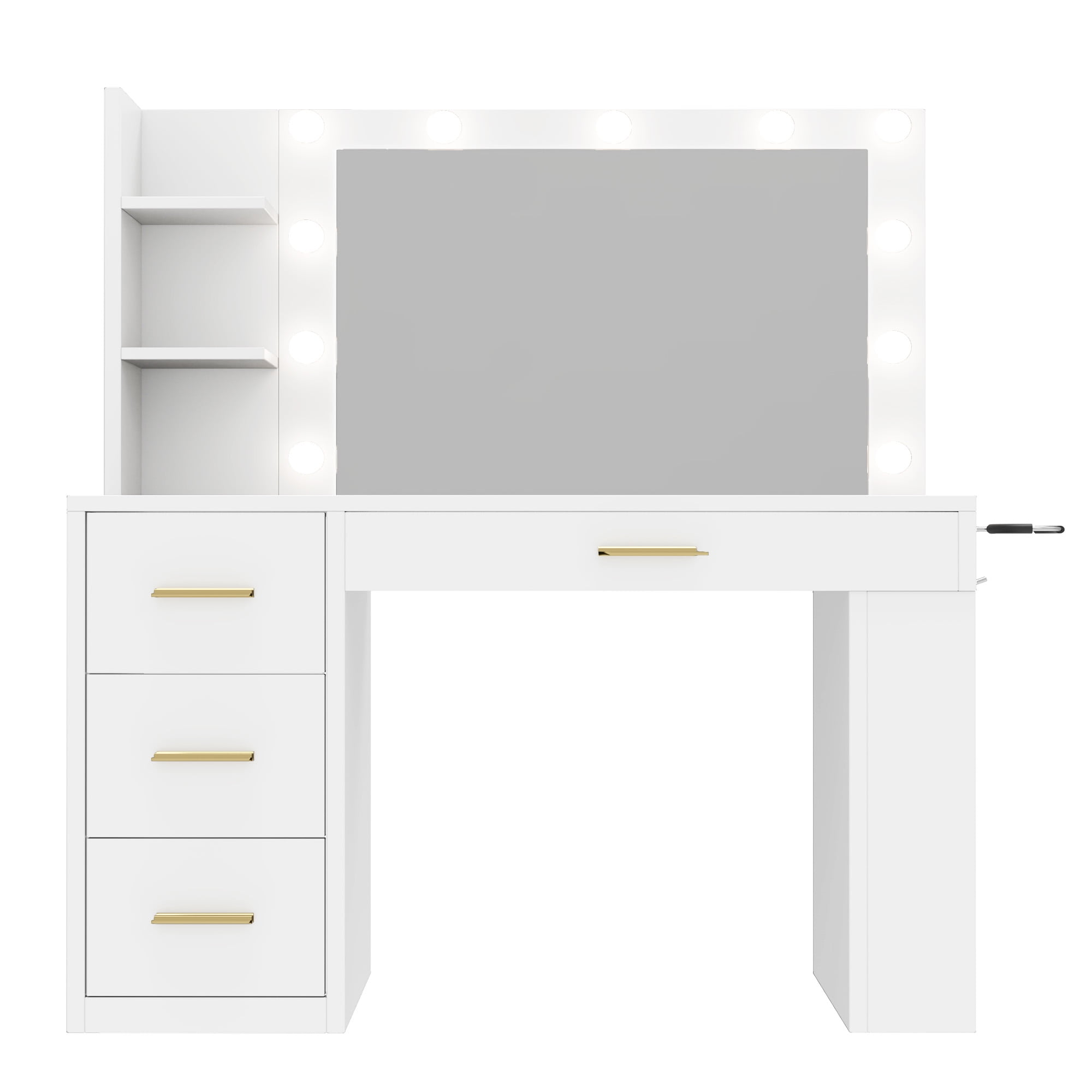 Uforic Adults' Makeup Vanity – Modern White Desk with 3-Color Lights, Storage Shelves, 4 Drawers & USB Charging Station