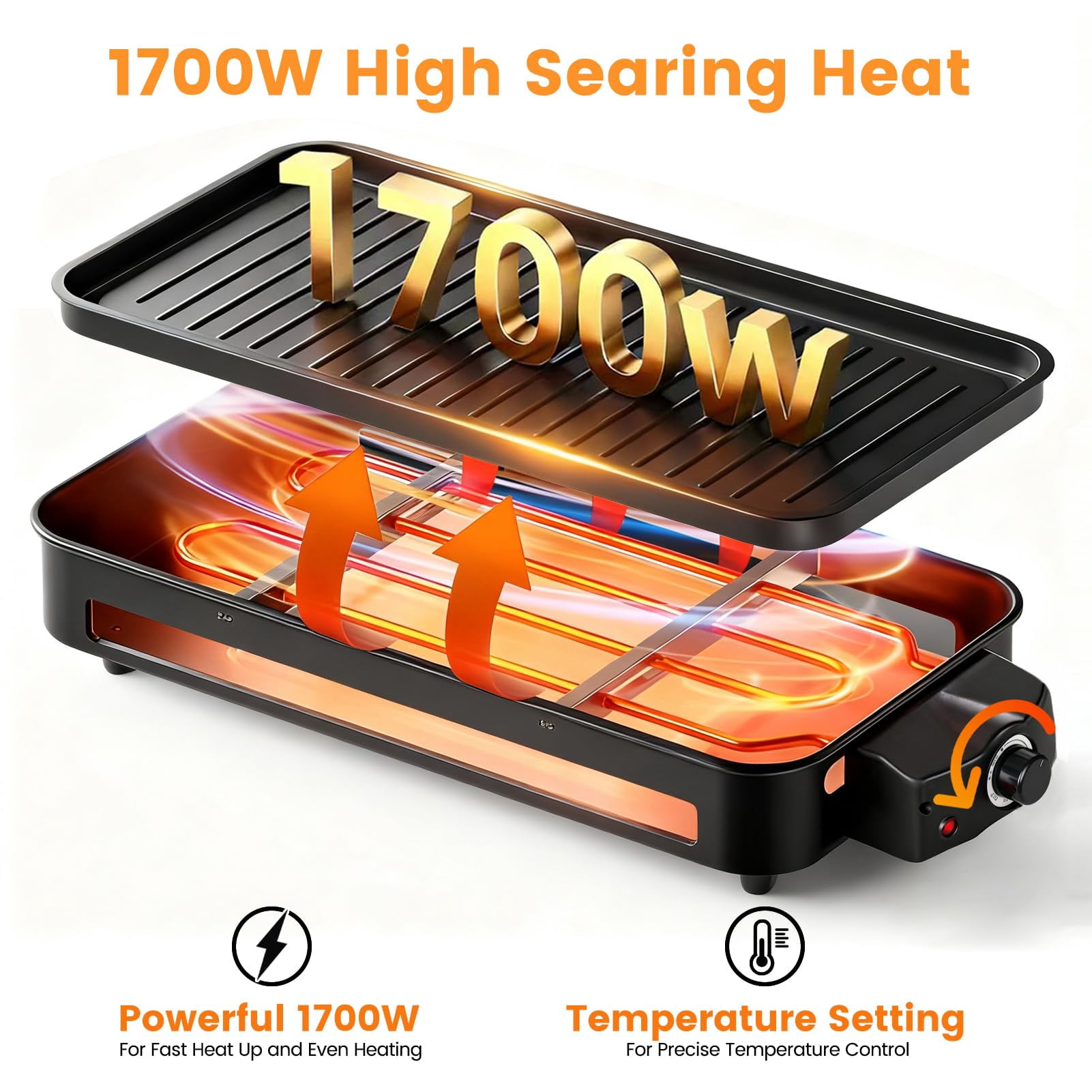 Electric Griddle 2-in-1 Indoor Grill, Black, 1700W with Removable Plates