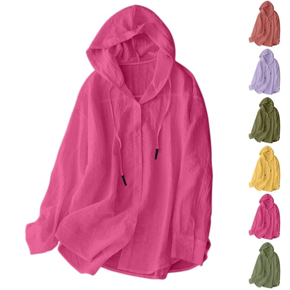 Maplenight Hooded Button Down Shirts for Women Cotton Linen Sun Protection Hoodies Casual Daily Wear Long Sleeve Summer Vacation Beach Tops