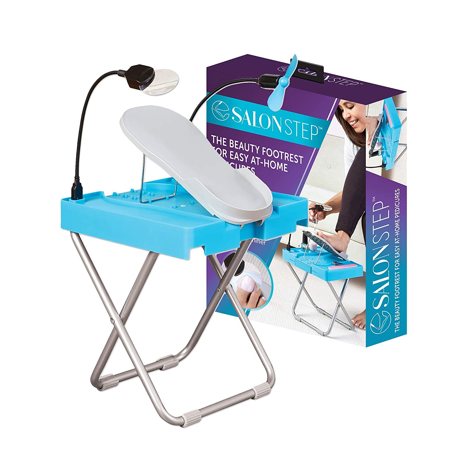 Treat Your Feet Salon Step The Beauty Footrest for Easy At-Home Pedicures Adjustable Foot Rest No More Bending or Stretching with LED Magnifier Drying Fan Non-Slip Sturdy Legs & Built-In Storage 