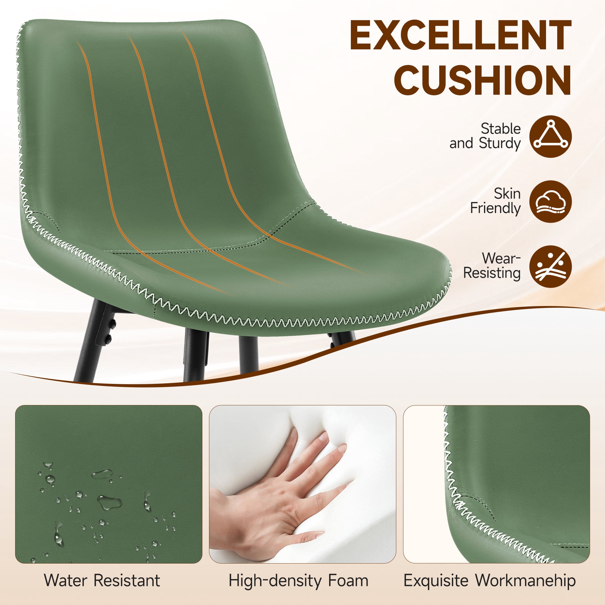 COOLHUT 24 Inch Bar Stools Set of 2, Counter Height Bar Chair with Footrest, Upholstered Faux Leather Bar Chair, Counter Stools with Sturdy Metal Legs, Green