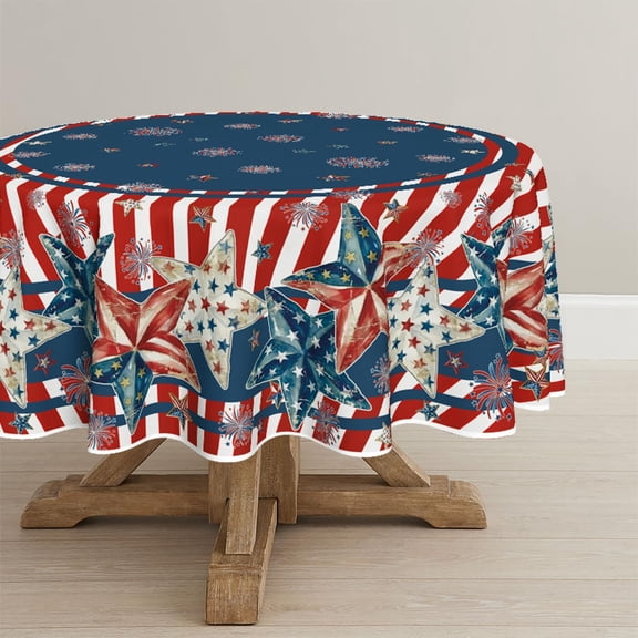 4th of July Tablecloth 70×70 Inch Round, Independence Day Patriotic Stars American Flag Fireworks Memorial Day Washable Seasonal Table Cover for Party Picnic Dinner Decor