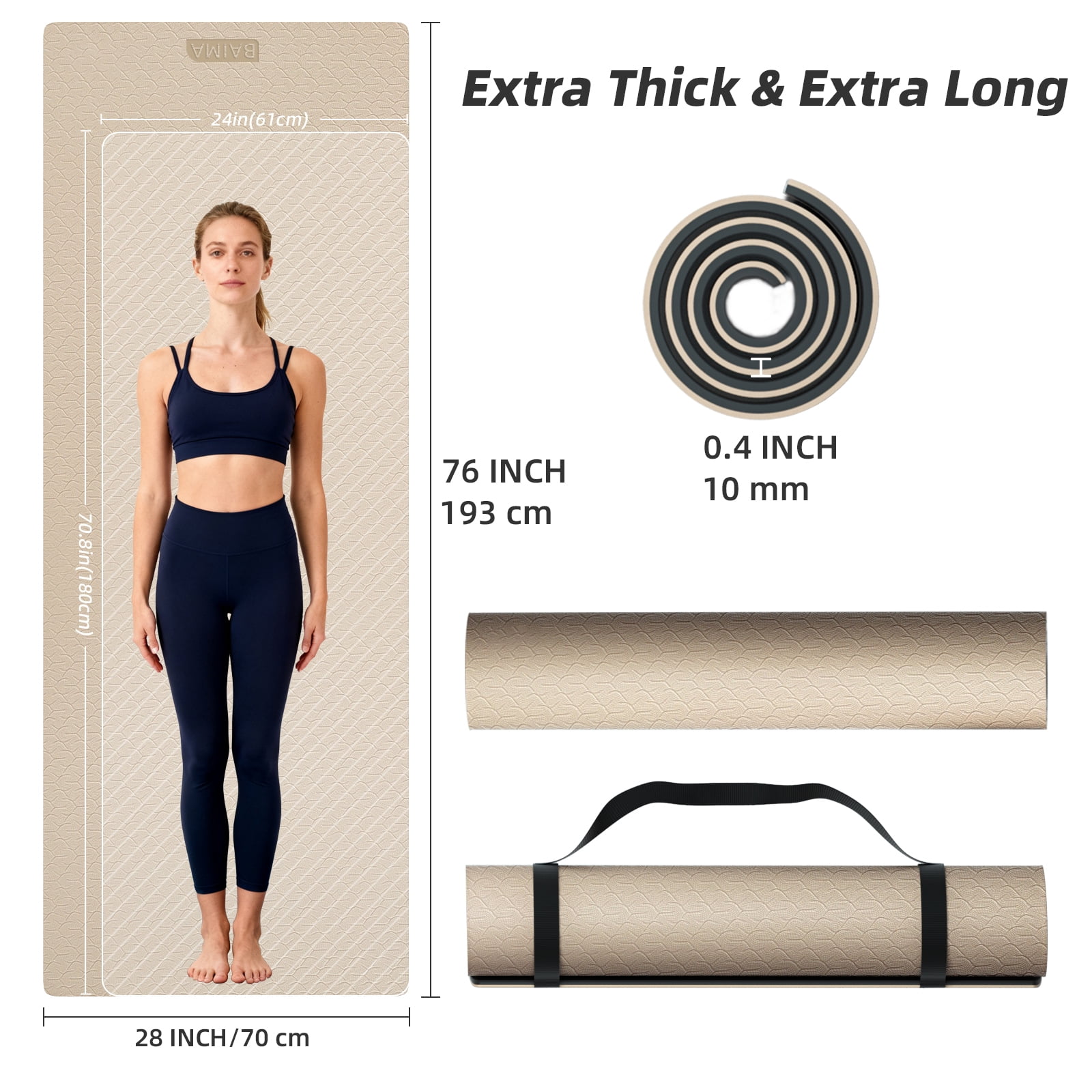 BAIMA Large Yoga Mat Thick Extra Wide and Long, Roll-up Pilates Mats, Eco TPE Double-Sided Exercise Pad with Carry Strap(Milkcoffee+Black)