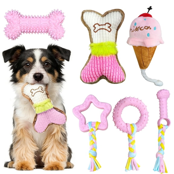 2026 New 6 Pack Puppy Teething Toys  Small Breed Dog Chew Toys with Rope Cute Plush Squeaky Dog Toys Soft Rubber Puppy Toys Set for Cleaning Teeth Interactive Pet Doggy Bone Toys (Pink)