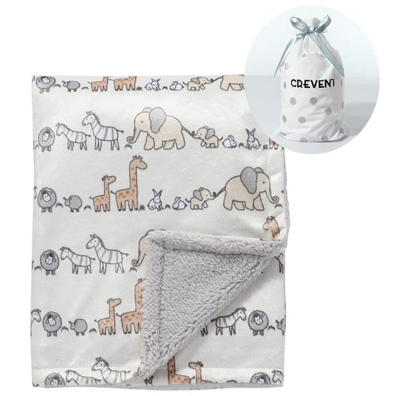 CREVENT Minky Sherpa Baby Blanket for Girls Boys, Soft Plush Receiving Blanket for Newborns - 30x40 Inches (Ivory Animals)