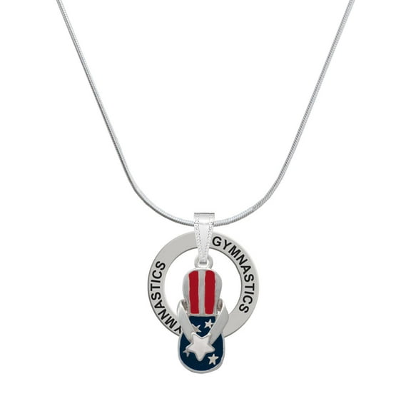 Delight Jewelry Silvertone USA Patriotic Flip Flop with White Star Gymnastics Ring Charm Necklace, 18"