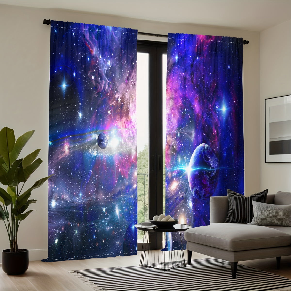 WNOOHIY Stunning Blue Purple Galaxy Starry Rod Pocket Curtains for Bedroom Living Room,2 Panels