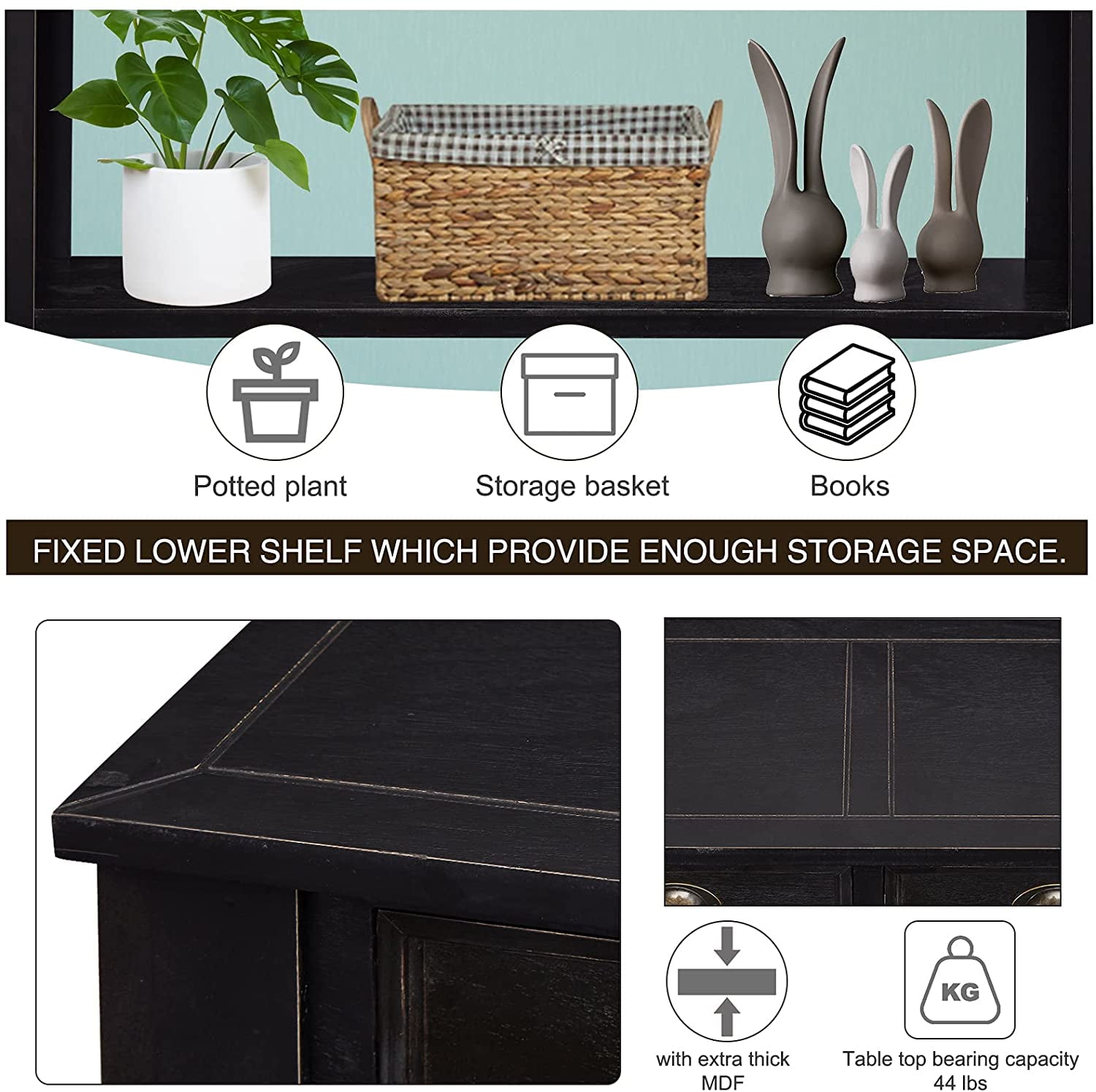 Kinbor 60'' Console Table Entryway Hallway Decoration Drawers Shelf Painted Black Rustic