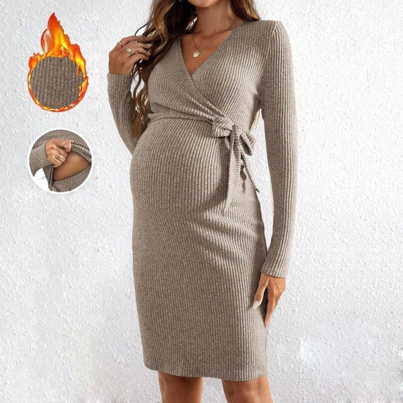 Crunowin Women's Maternity Dress, Bodycon Knit Nursing Strap Long Sleeve V-Neck Pregnancy Dress Khaki XXL