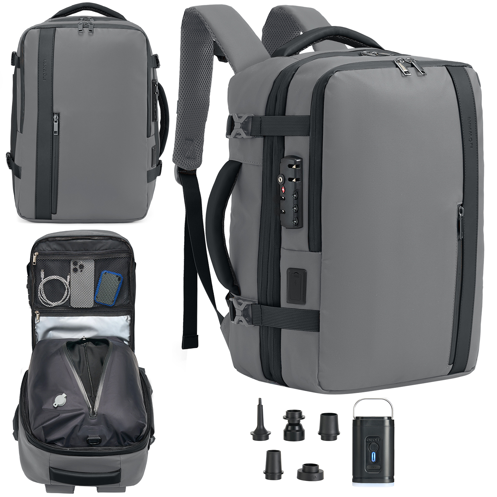 Fegat Vacuum Backpack for Travel,60L Expandable Compression Bag with Pump & TSA Lock,Vacuum Seal Backpack Flight Approved,Airbag Personal Item Carry on Backpacks for Travel Business