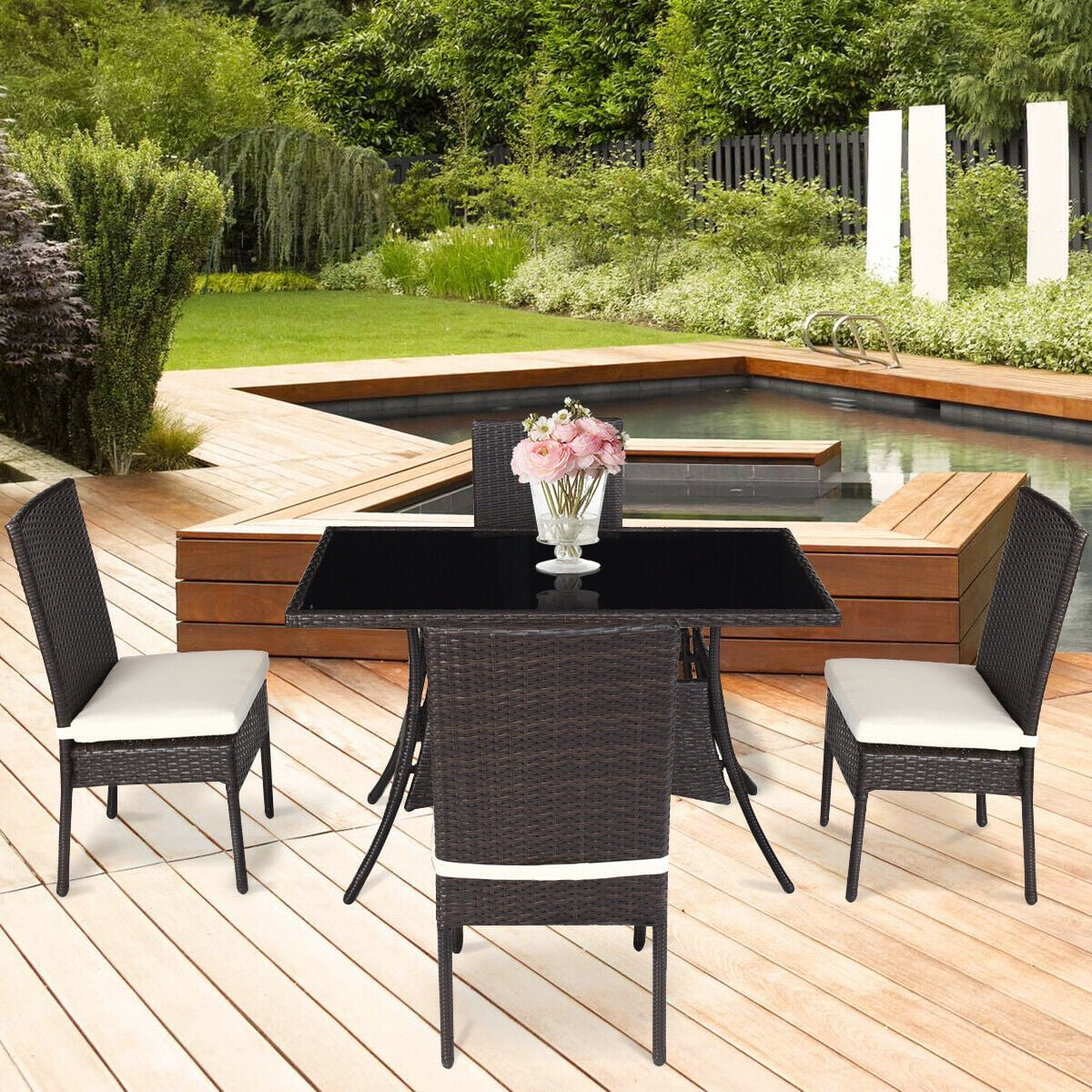 Costway 5 Piece Outdoor Patio Furniture Rattan Dining Table