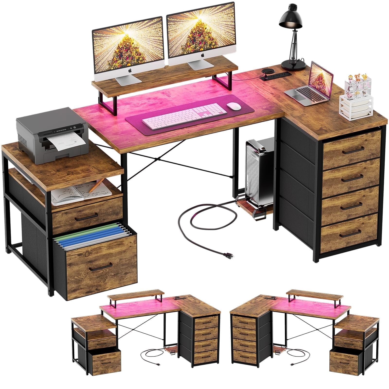 Homieasy Reversible L Shaped Computer Desk with Fabric File Drawers, 70.8" Large Office Desk with RGB LED Lights & Power Outlets & Monitor Stand & CPU Stand, Sturdy Corner Gaming Desk, Rustic Brown