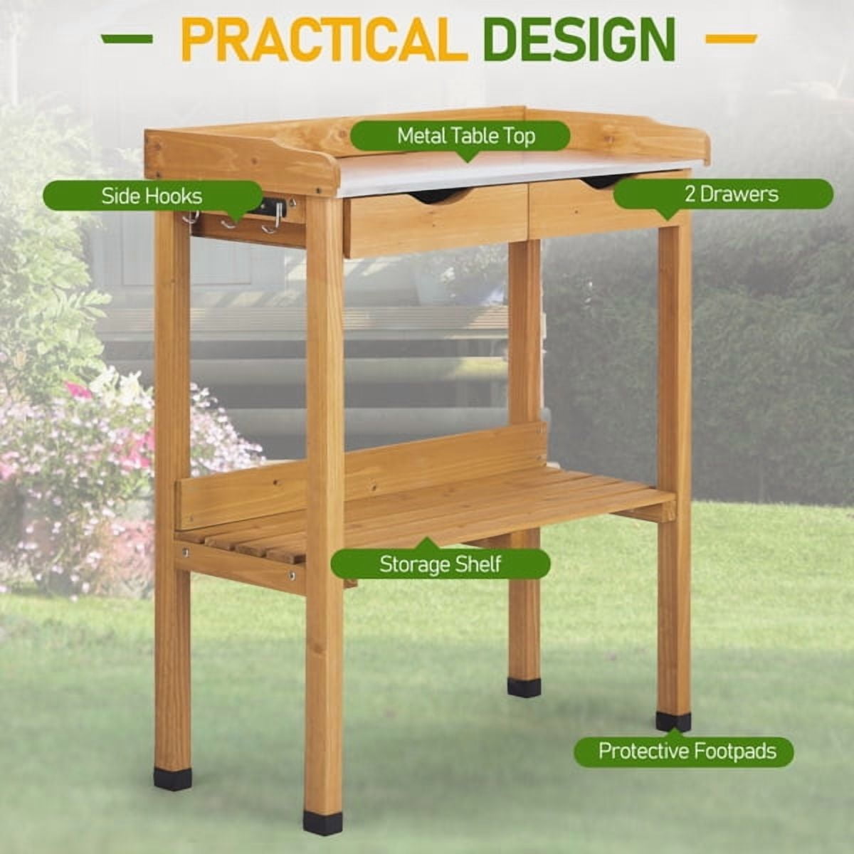 Outdoor Garden Potting Bench Table, Wooden Horticulture Planting Worstation with Metal Tabletop, 2 Drawers, Storage Shelf, 3 Hooks, Natural Wood