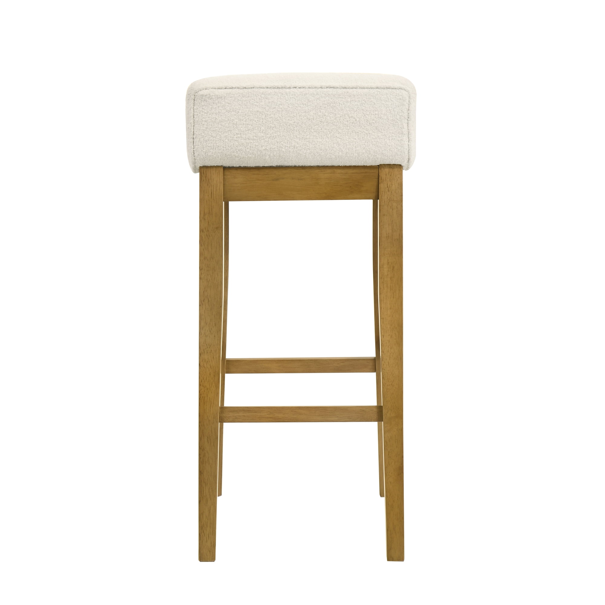 Annikah Modern Transitional Wood Bar Height Kitchen Bar Stool in Amber Glow Finish with White Boucle Fabric Upholstered Seat - Set of 2