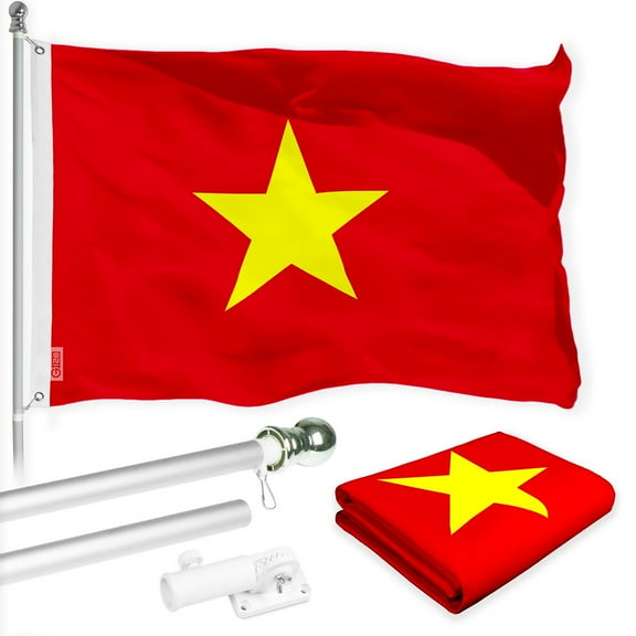 G128 Combo Pack: 6 Ft Tangle Free Spinning Flagpole (Silver) & Vietnam Flag 3x5 Ft Printed 150D Polyester, Brass Grommets (Flag Included) Aluminum Flag Pole